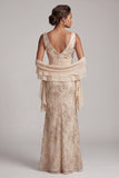 Sparkly Champagne V-Neck Long Floral Beaded Mother of the Bride Dress with Shawl