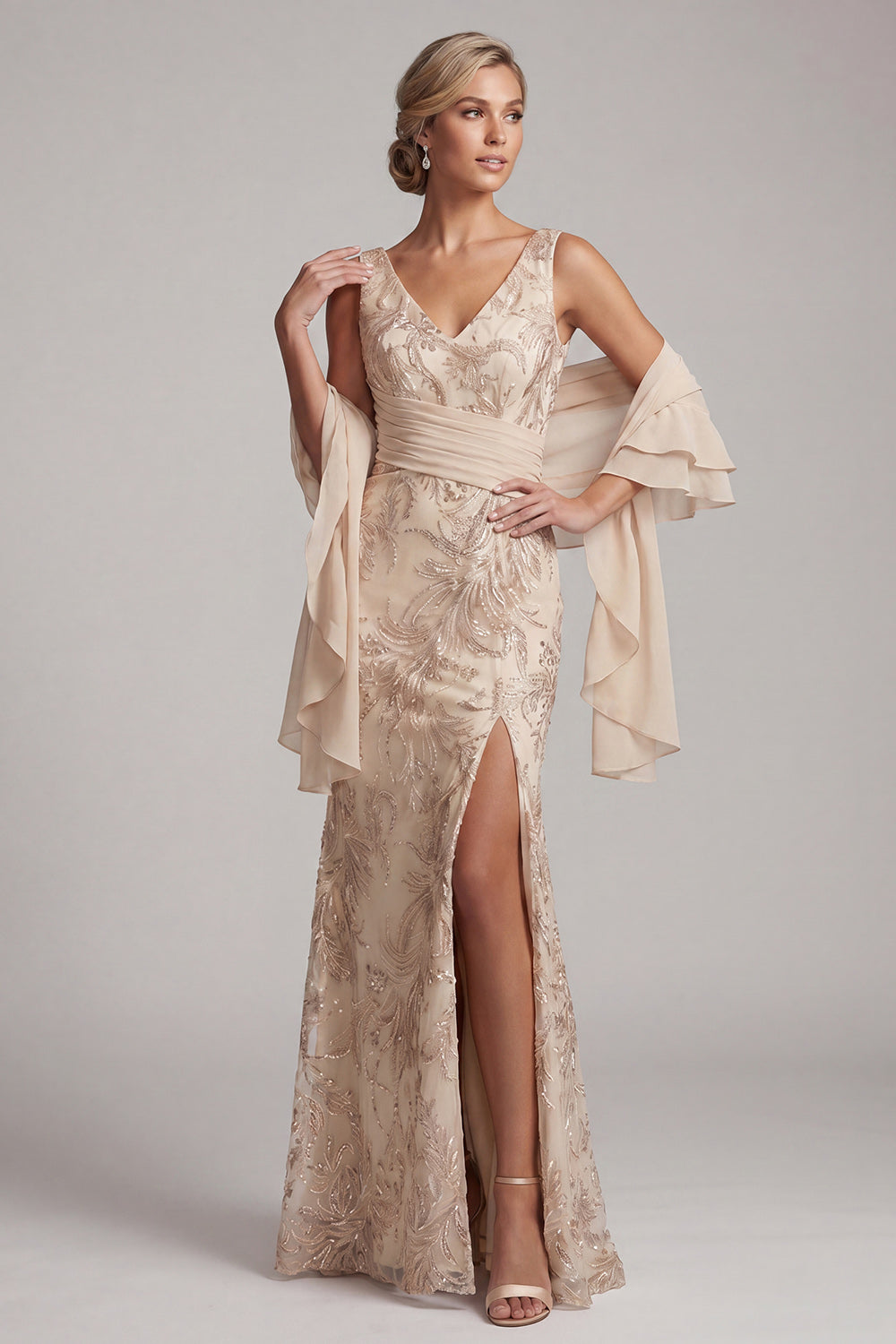 Sparkly Champagne V-Neck Long Floral Beaded Mother of the Bride Dress with Shawl
