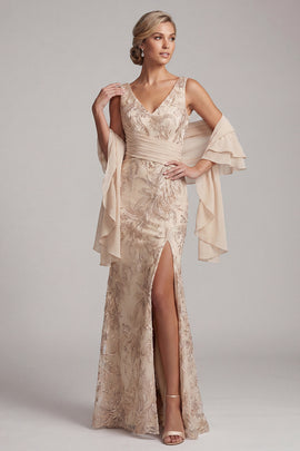 Sparkly Champagne V-Neck Long Floral Beaded Mother of the Bride Dress with Shawl