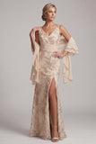 Sparkly Champagne V-Neck Long Floral Beaded Mother of the Bride Dress with Shawl
