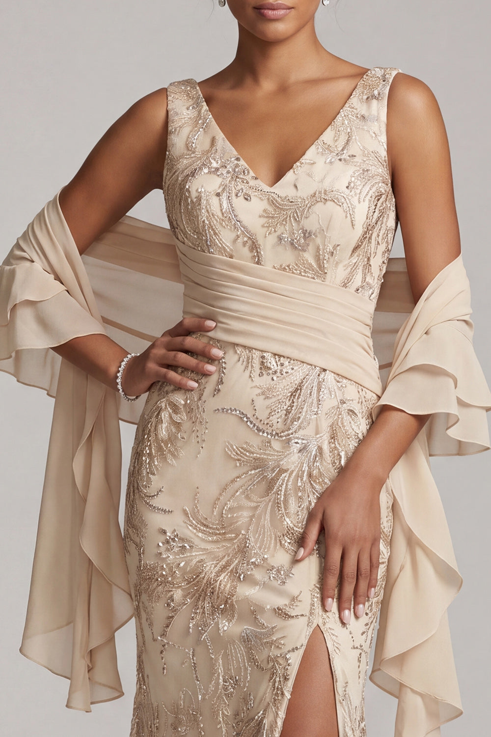 Sparkly Champagne V-Neck Long Floral Beaded Mother of the Bride Dress with Shawl