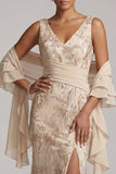 Sparkly Champagne V-Neck Long Floral Beaded Mother of the Bride Dress with Shawl