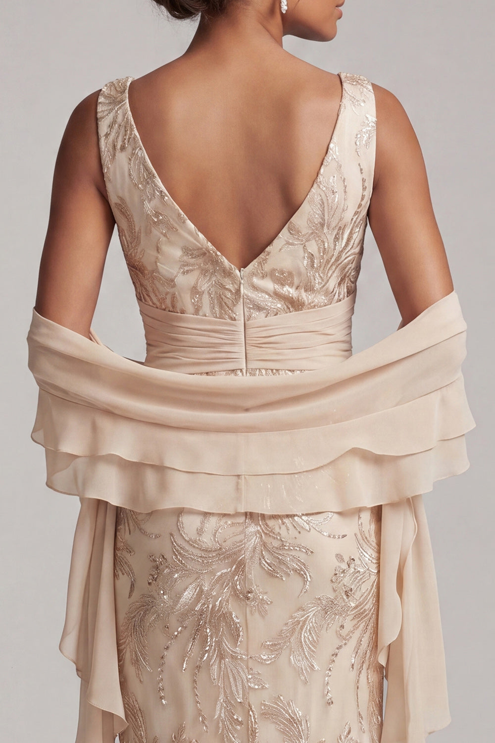 Sparkly Champagne V-Neck Long Floral Beaded Mother of the Bride Dress with Shawl