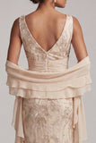 Sparkly Champagne V-Neck Long Floral Beaded Mother of the Bride Dress with Shawl