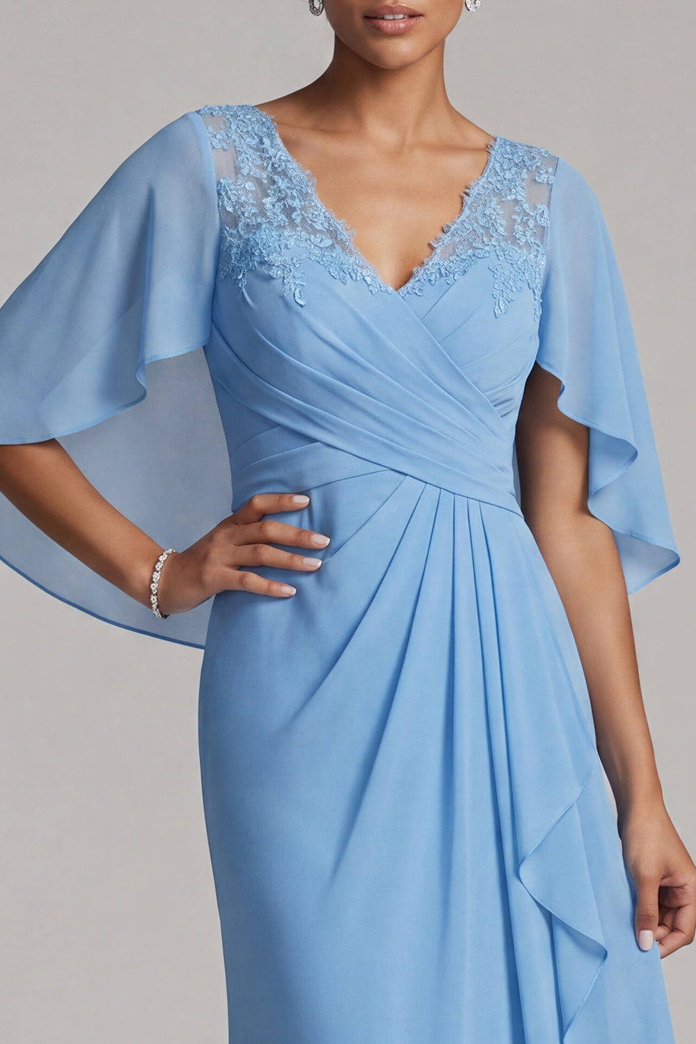 Sky Blue Mermaid Long V-Neck Mother of the Bride Dress with Ruffles