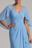 Sky Blue Mermaid Long V-Neck Mother of the Bride Dress with Ruffles