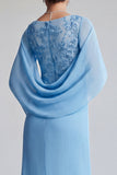 Sky Blue Mermaid Long V-Neck Mother of the Bride Dress with Ruffles