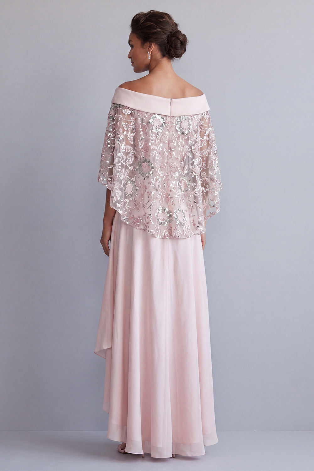 Sparkly Light Pink Long Floral A Line Beaded Mother of the Bride Dress with Cape