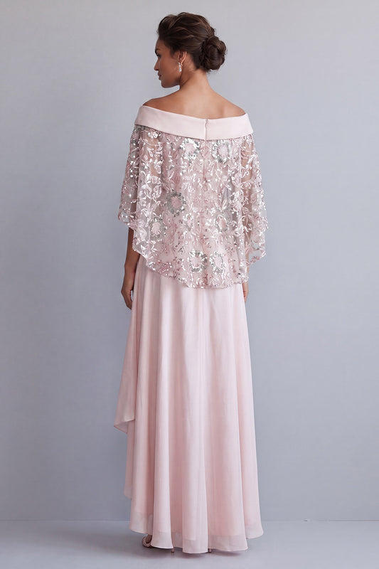 Sparkly Light Pink Long Floral A Line Beaded Mother of the Bride Dress with Cape