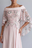 Sparkly Light Pink Long Floral A Line Beaded Mother of the Bride Dress with Cape