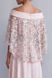 Sparkly Light Pink Long Floral A Line Beaded Mother of the Bride Dress with Cape