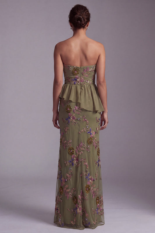 Olive Long Floral Mermaid Strapless Beaded Mother of the Bride Dress with Ruffles