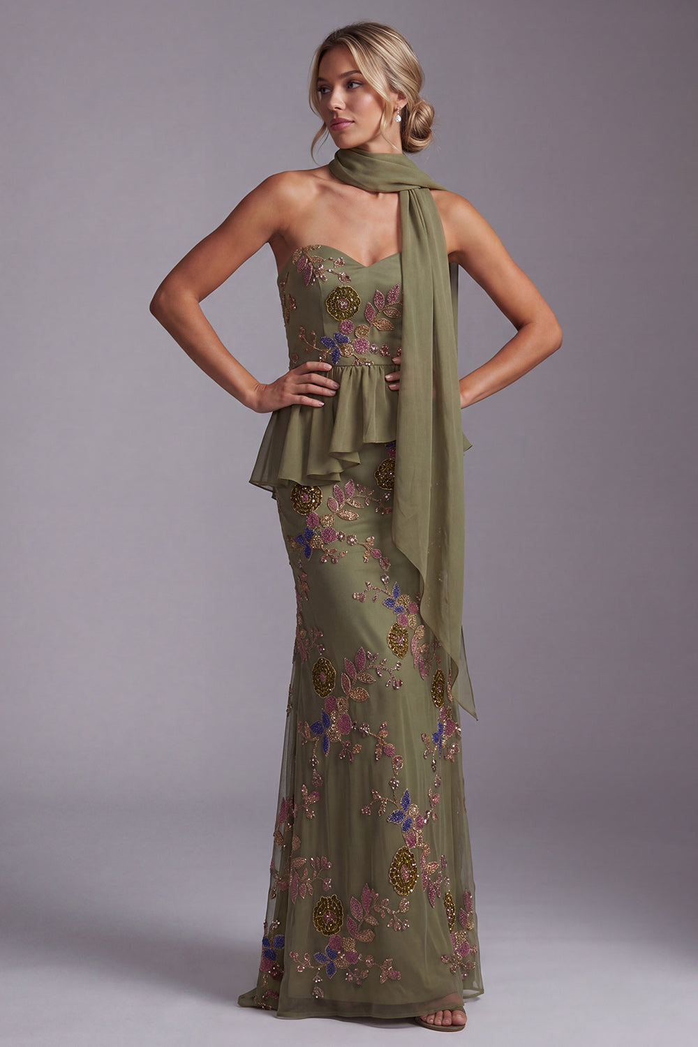 Olive Long Floral Mermaid Strapless Beaded Mother of the Bride Dress with Ruffles