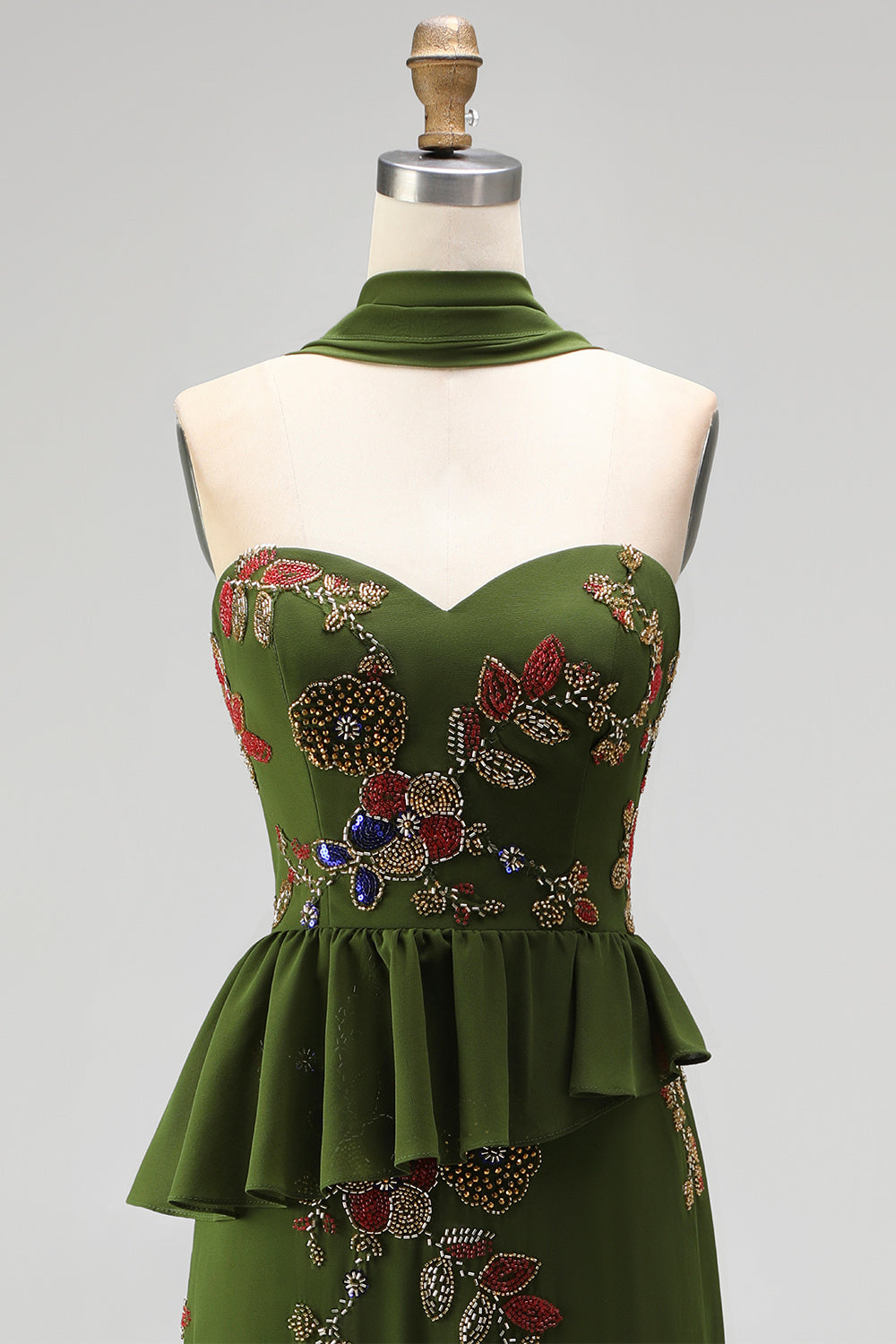 Olive Long Floral Mermaid Strapless Beaded Mother of the Bride Dress with Ruffles