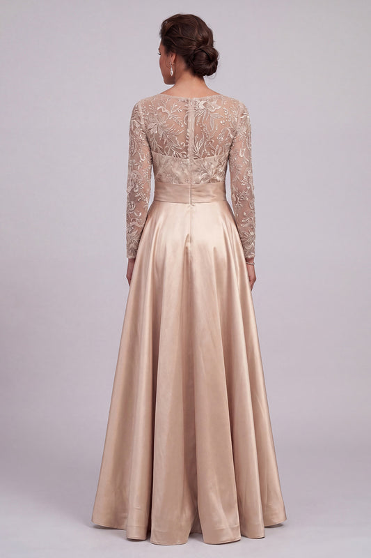 Long Floral Beaded A Line Sparkly Champagne Mother of the Bride Dress with Slit