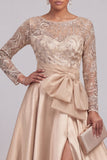 Long Floral Beaded A Line Sparkly Champagne Mother of the Bride Dress with Slit