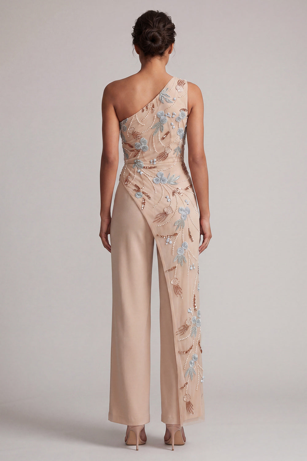 Champagne One Shoulder Beaded Mother of the Bride Jumpsuits