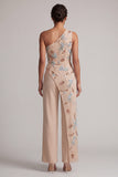 Champagne One Shoulder Beaded Mother of the Bride Jumpsuits
