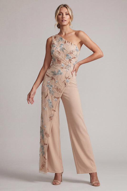 Champagne One Shoulder Beaded Mother of the Bride Jumpsuits