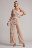 Champagne One Shoulder Beaded Mother of the Bride Jumpsuits
