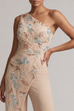 Champagne One Shoulder Beaded Mother of the Bride Jumpsuits