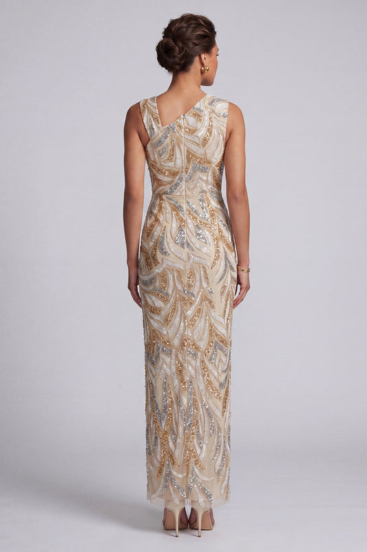 Long Beaded Sparkly Champagne Mother of the Bride Dress with Slit