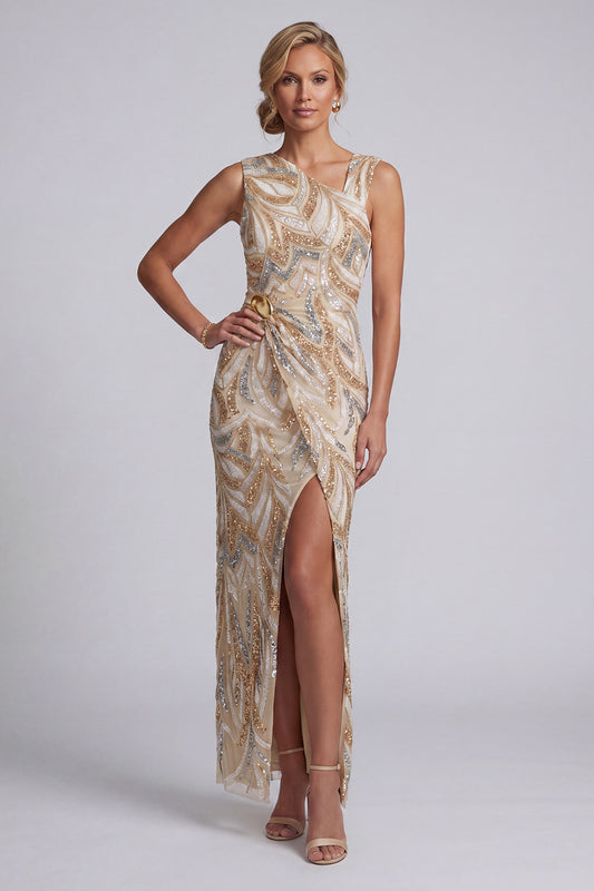 Long Beaded Sparkly Champagne Mother of the Bride Dress with Slit