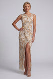 Long Beaded Sparkly Champagne Mother of the Bride Dress with Slit