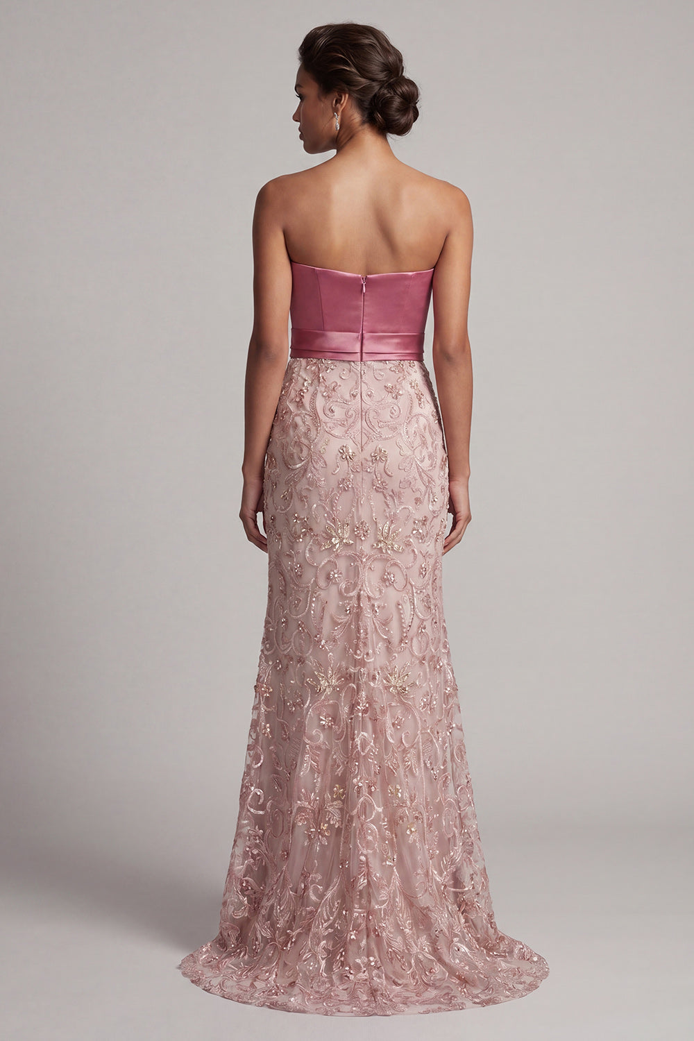 Zapakasa Women Floral Sparkly Pink Long Beaded Mother of the Bride Dress  with Slit Mermaid Strapless Ruched Wedding Guest Dress