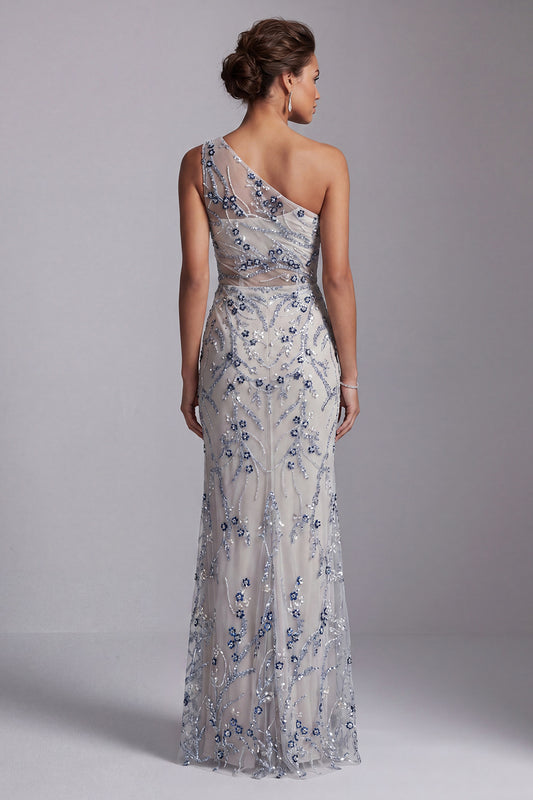 Sparkly Light Blue Long Floral Beaded Mermaid Mother of the Bride Dress with Slit
