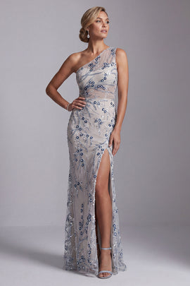Sparkly Light Blue Long Floral Beaded Mermaid Mother of the Bride Dress with Slit