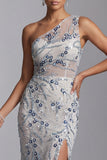 Sparkly Light Blue Long Floral Beaded Mermaid Mother of the Bride Dress with Slit
