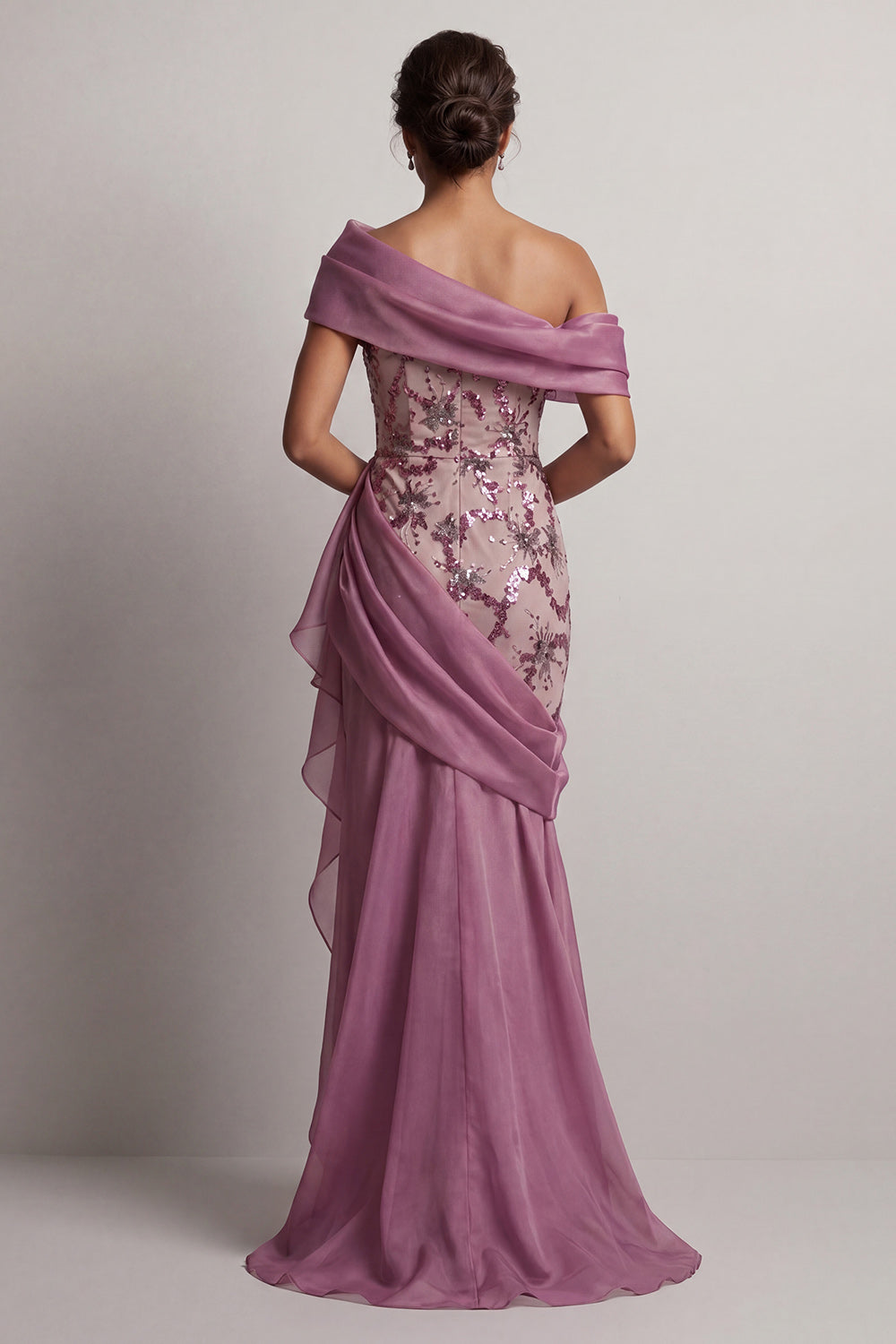 Sparkly Vintage Mauve Long Beaded Floral Mother of the Bride Dress with Ruffles