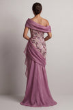 Sparkly Vintage Mauve Long Beaded Floral Mother of the Bride Dress with Ruffles