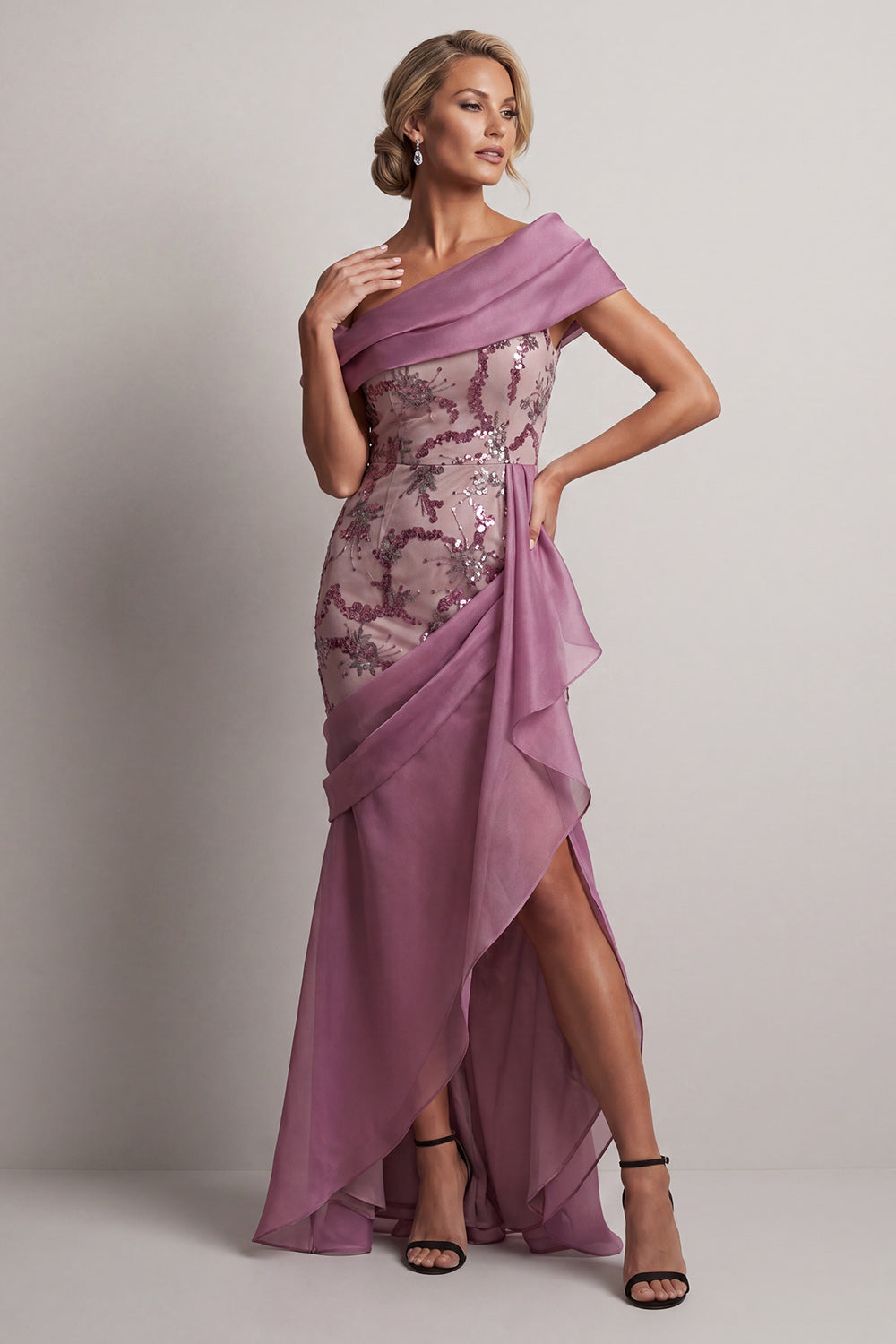 Sparkly Vintage Mauve Long Beaded Floral Mother of the Bride Dress with Ruffles