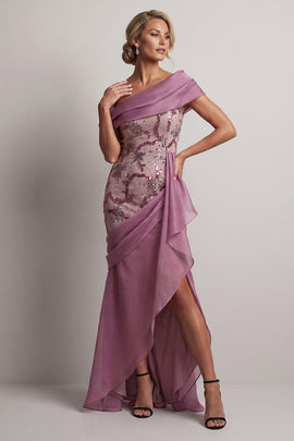 Sparkly Vintage Mauve Long Beaded Floral Mother of the Bride Dress with Ruffles