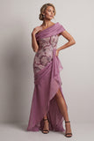 Sparkly Vintage Mauve Long Beaded Floral Mother of the Bride Dress with Ruffles