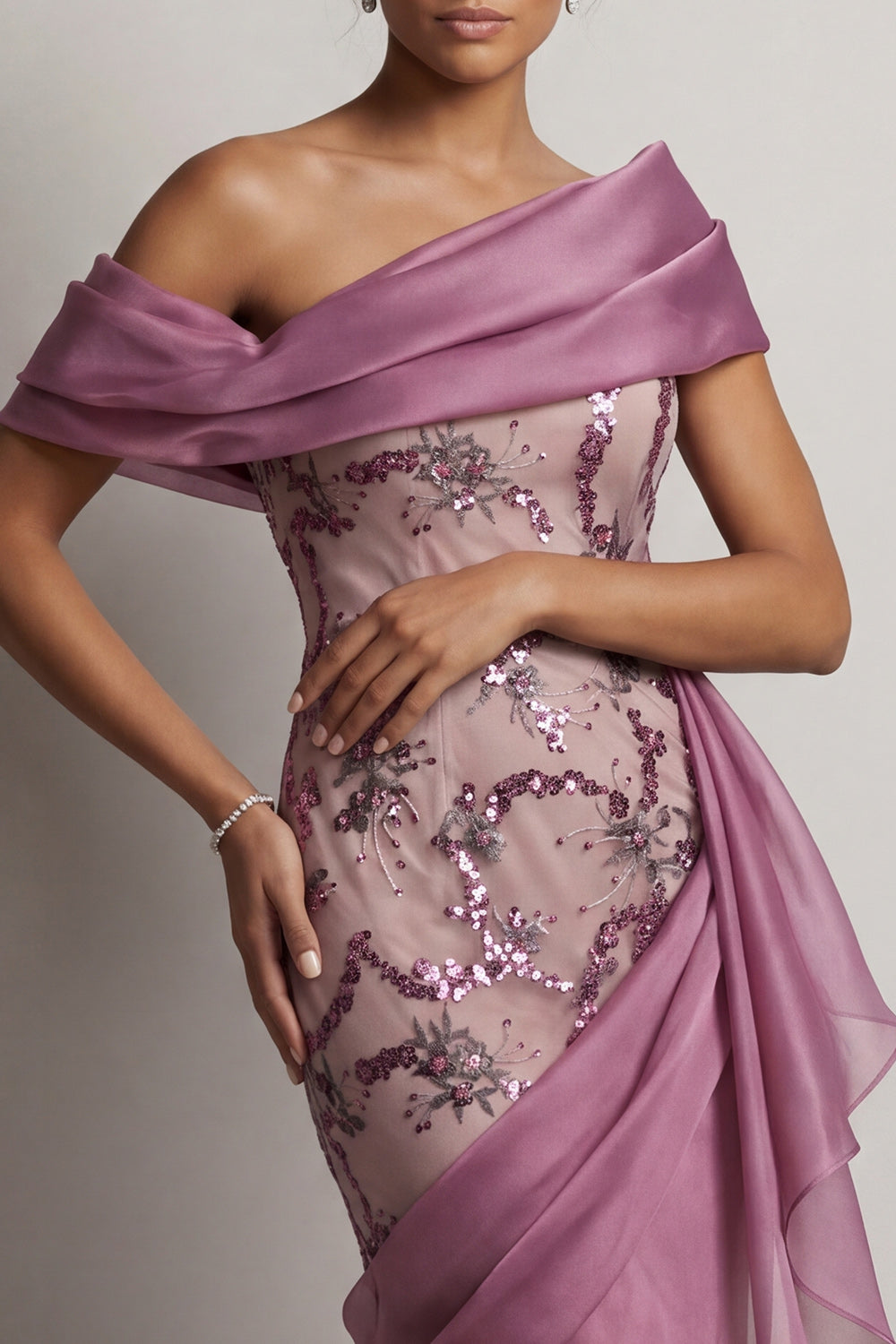 Sparkly Vintage Mauve Long Beaded Floral Mother of the Bride Dress with Ruffles