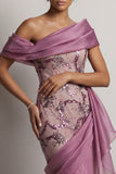 Sparkly Vintage Mauve Long Beaded Floral Mother of the Bride Dress with Ruffles