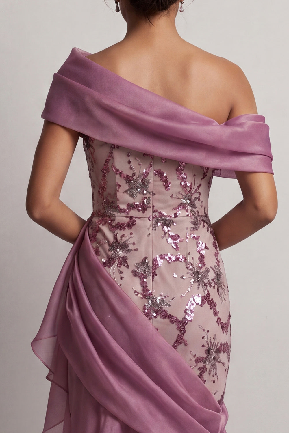 Sparkly Vintage Mauve Long Beaded Floral Mother of the Bride Dress with Ruffles