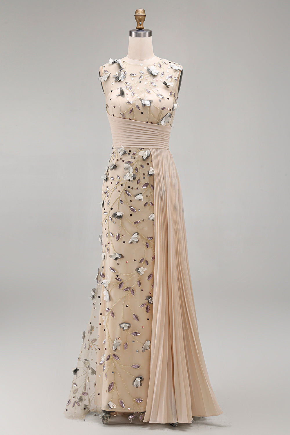 Apricot Floral Long Beaded Mermaid Mother of the Bride Dress with Pockets