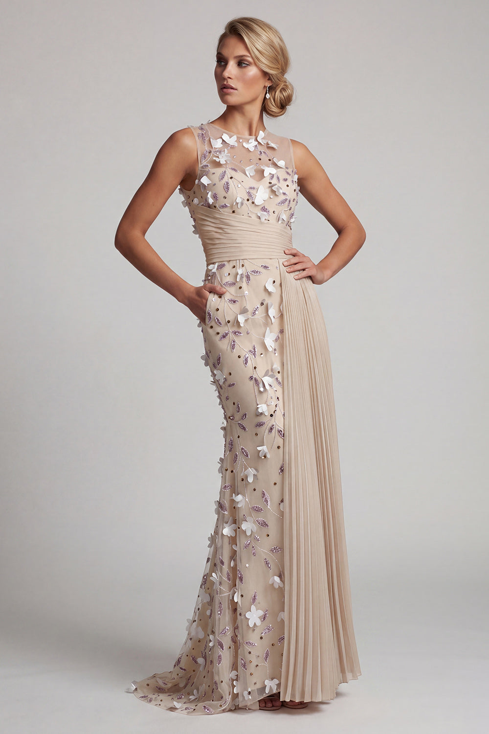 Apricot Floral Long Beaded Mermaid Mother of the Bride Dress with Pockets