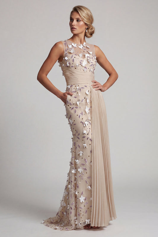 Apricot Floral Long Beaded Mermaid Mother of the Bride Dress with Pockets