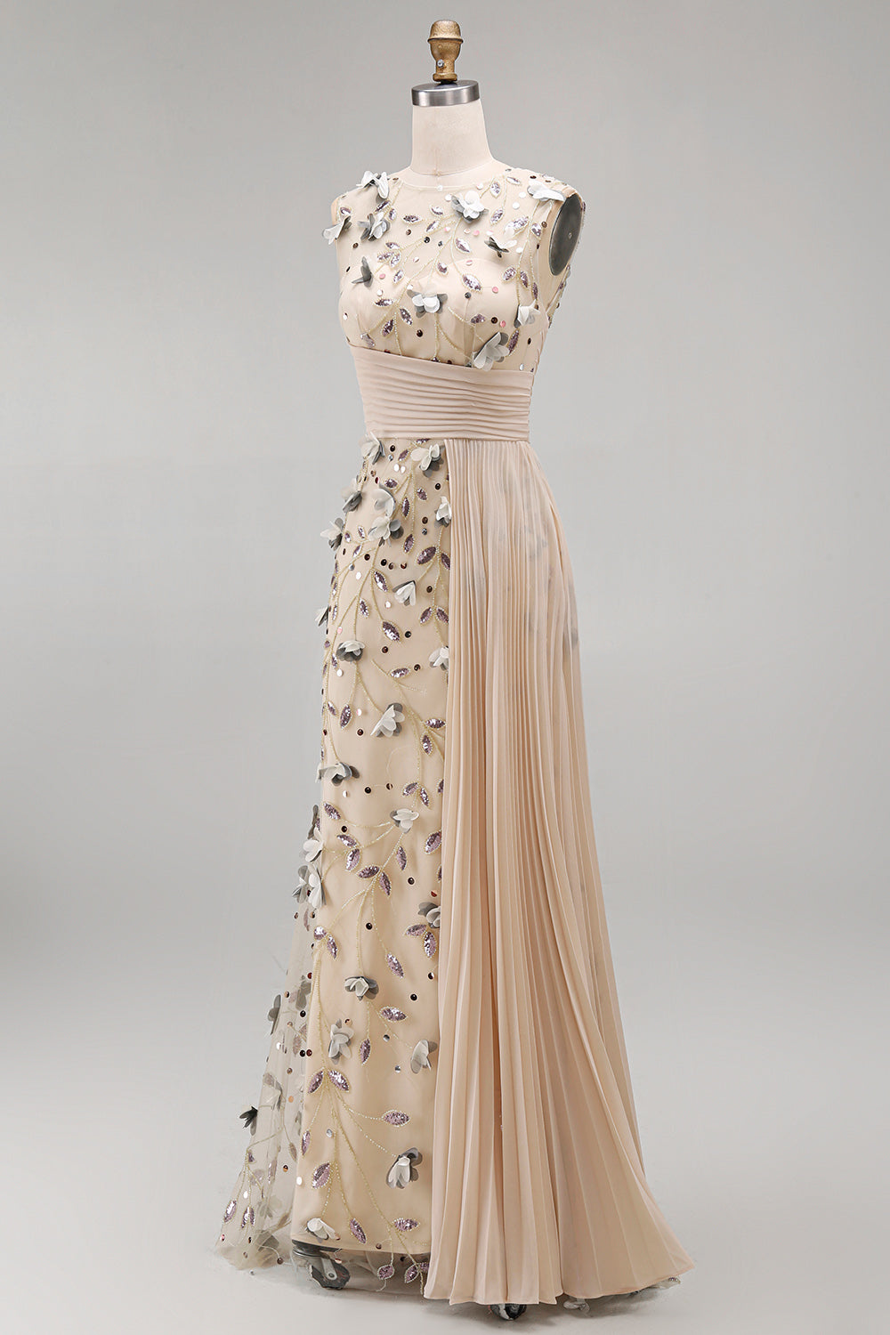 Apricot Floral Long Beaded Mermaid Mother of the Bride Dress with Pockets