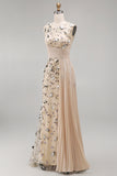 Apricot Floral Long Beaded Mermaid Mother of the Bride Dress with Pockets