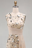 Apricot Floral Long Beaded Mermaid Mother of the Bride Dress with Pockets