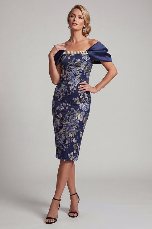 Navy Floral Bodycon Midi Mother of the Bride Dress with Pearls