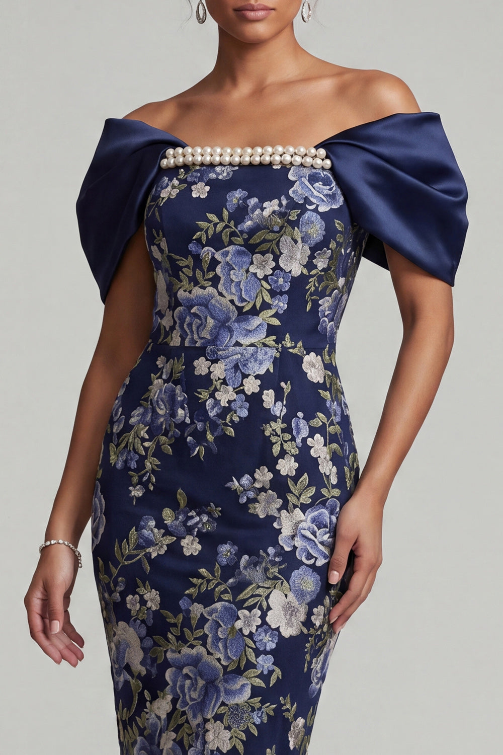 Navy Floral Bodycon Midi Mother of the Bride Dress with Pearls