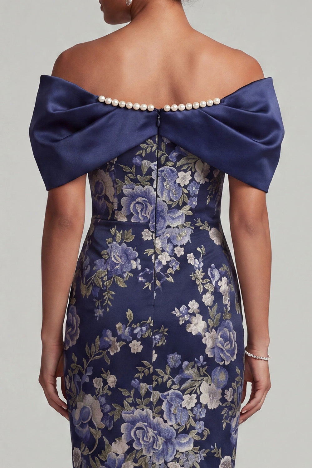 Navy Floral Bodycon Midi Mother of the Bride Dress with Pearls