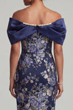 Navy Floral Bodycon Midi Mother of the Bride Dress with Pearls